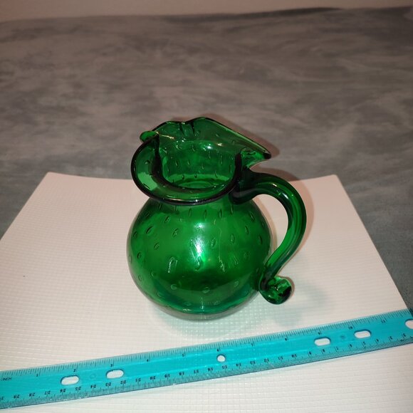MCM Hand Blown Emerald Glass Art Pitcher Ice Blocker Vintage Green Handle - Picture 4 of 11